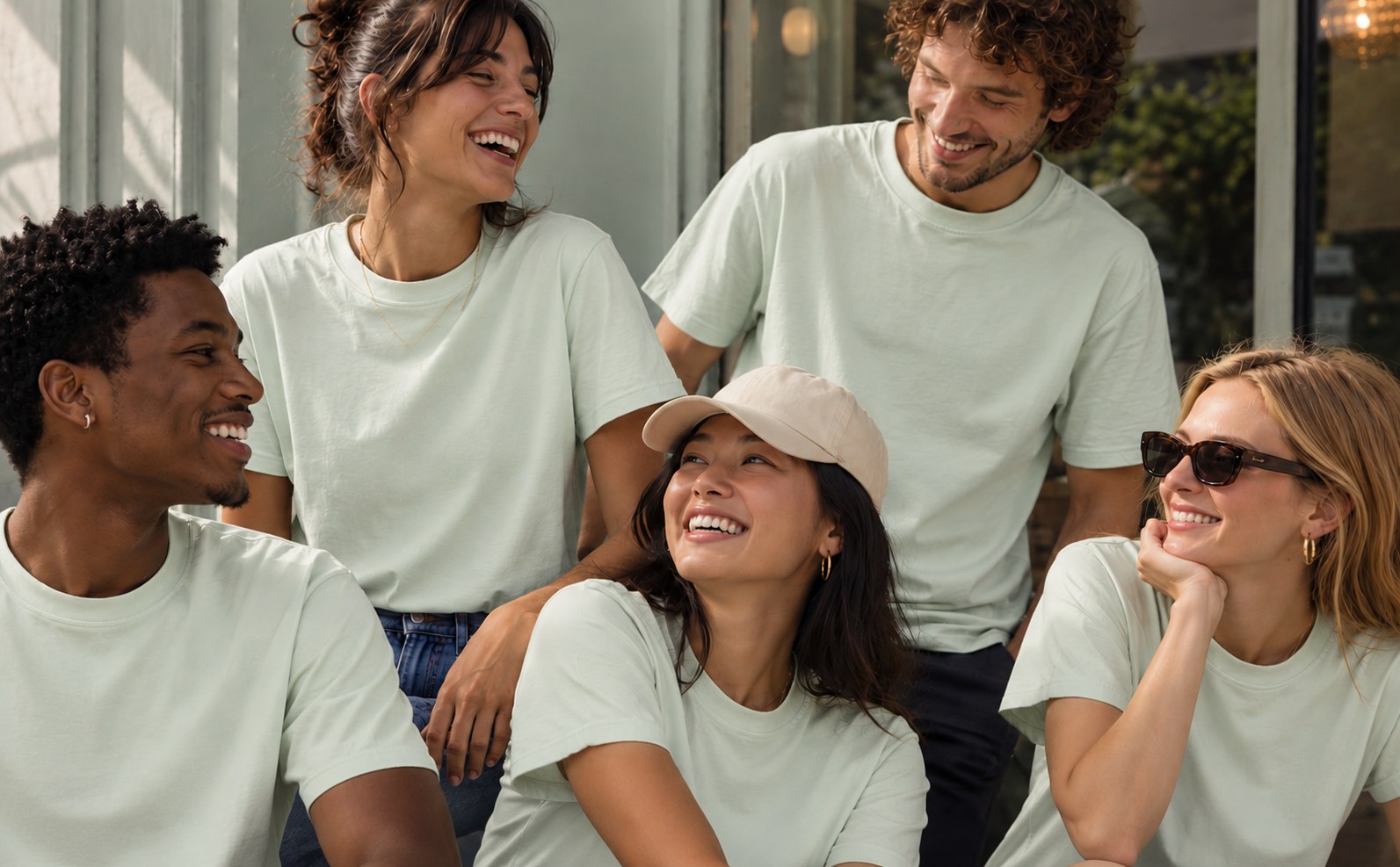 Five friends laughing together in sage T-shirts