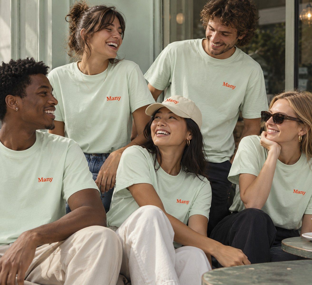 Friends laughing together in sage Many T-shirts
